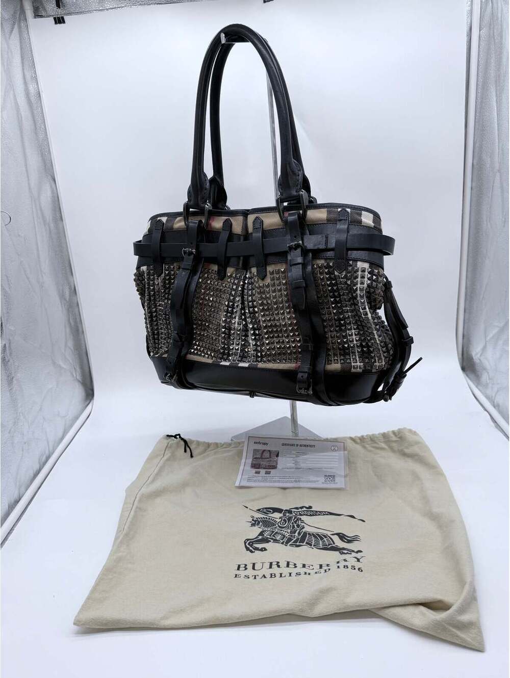 Burberry Prorsum Studded Nova Check Buckle Tote Bag – Black Leather & Canvas - Picture 7 of 8
